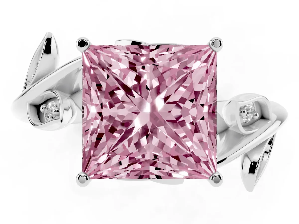 Fancy Pink Princess Cut Solitaire Twist Engagement Ring with Leaf Accents and Prong Setting Silver