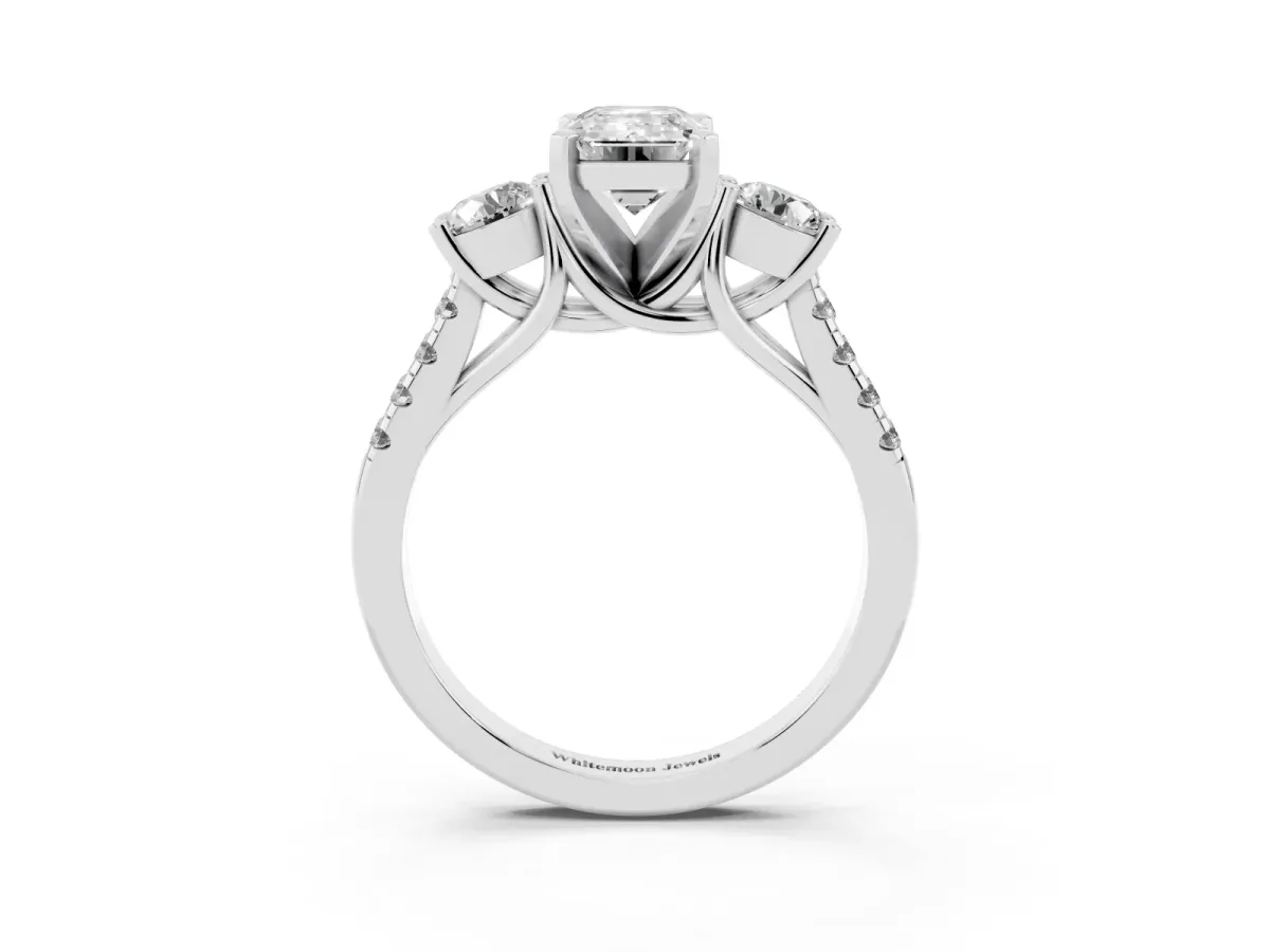 Three-Stone Emerald Cut Diamond Pavé Band with Four-Prong Setting Silver