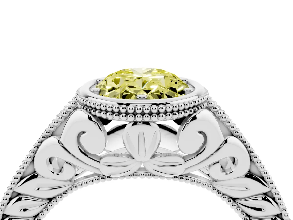 Fancy Yellow Bezel Set Oval Cut Diamond Milgrain Pave Engagement Ring Silver