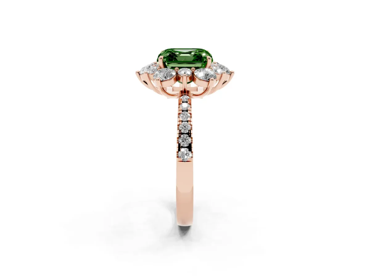 Fancy Green Asscher Cut Diamond Floral Halo Ring with Round Pavé Band and Prong Setting Rose gold