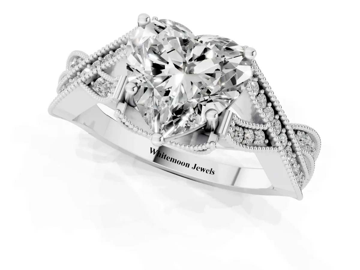 Heart Cut Cut Diamond Twisted Band with Milgrain Pave Setting and Four-Prong Setting Silver
