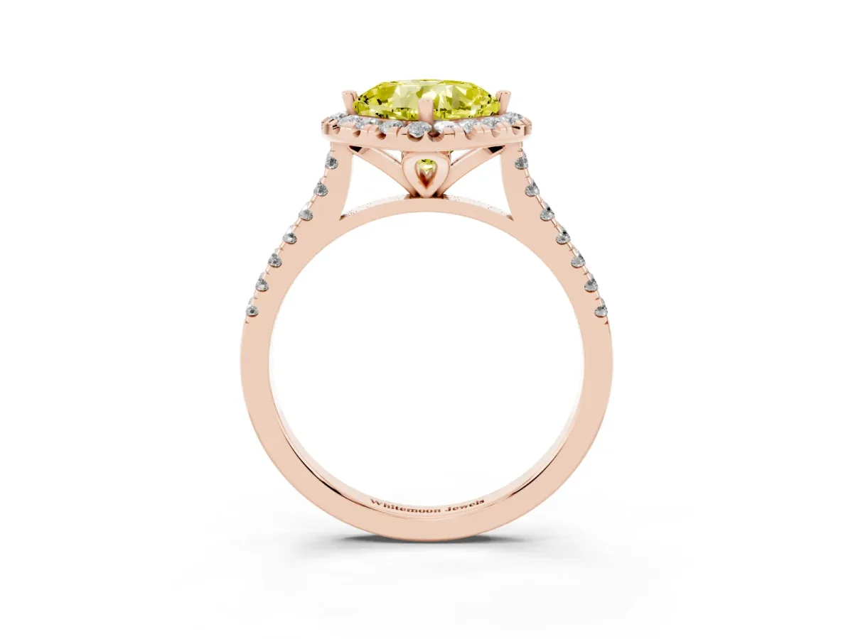 Fancy Yellow Cushion Cut Diamond Cushion Halo Ring with Pavé Band Rose gold