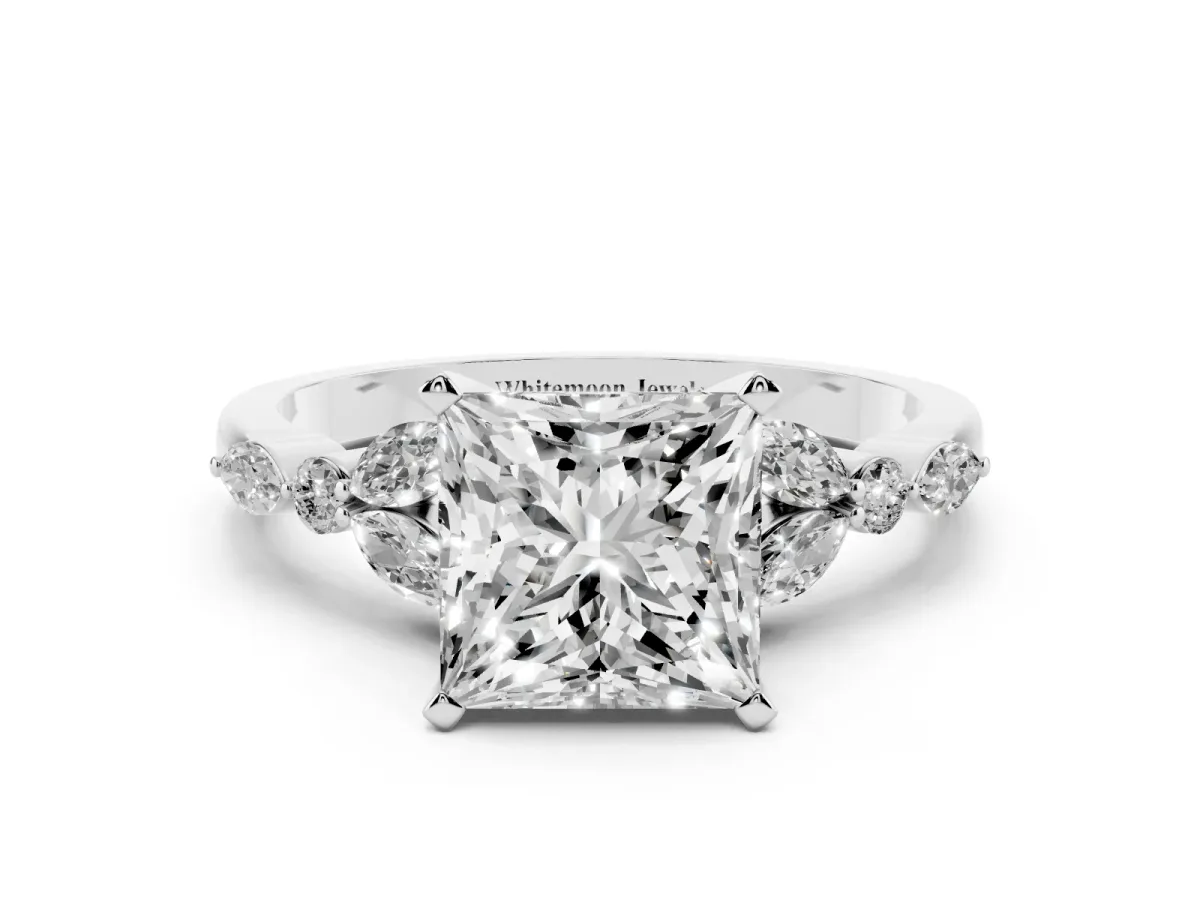 Princess Cut Diamond Solitaire Ring with Side Stones and Four-Prong Setting Platinum
