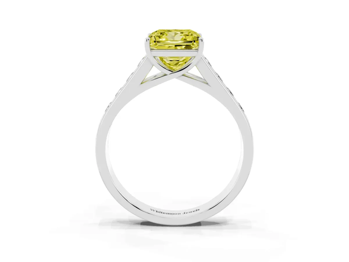 Fancy Yellow Princess Cut Brilliant Channel-Set Solitaire Ring with Four-Prong Setting Platinum