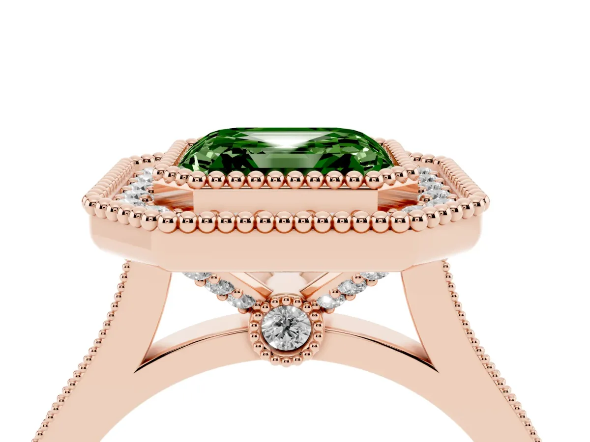Fancy Green Asscher Cut Diamond Halo Ring with Milgrain Frame and Pavé Band Rose gold