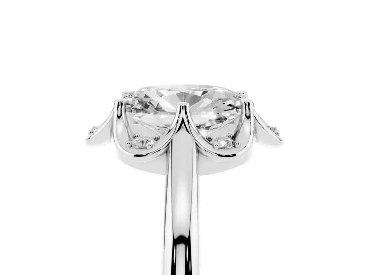Oval Cut Halo Diamond Ring with Round Cluster Setting, Solitaire Band, and Four-Prong Setting Silver
