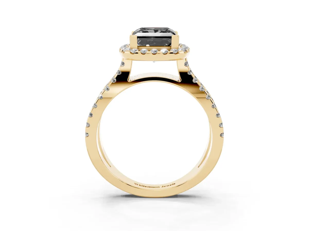 Fancy Black Princess Cut Diamond Halo Ring with Split Shank Pavé Band and Prong Setting Yellow gold
