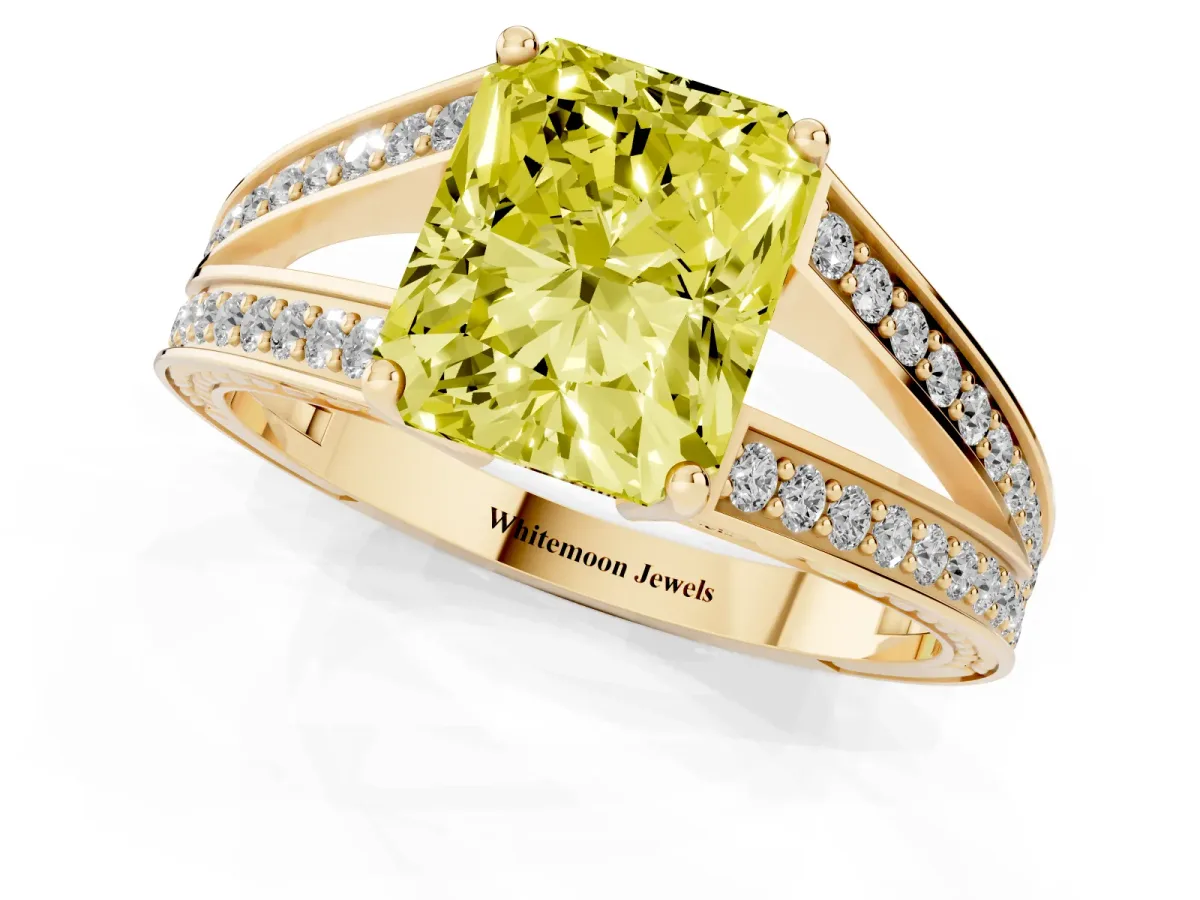 Fancy Yellow Radiant Cut Diamond Split Shank Ring with Pavé Band and Four-Prong Setting Yellow gold