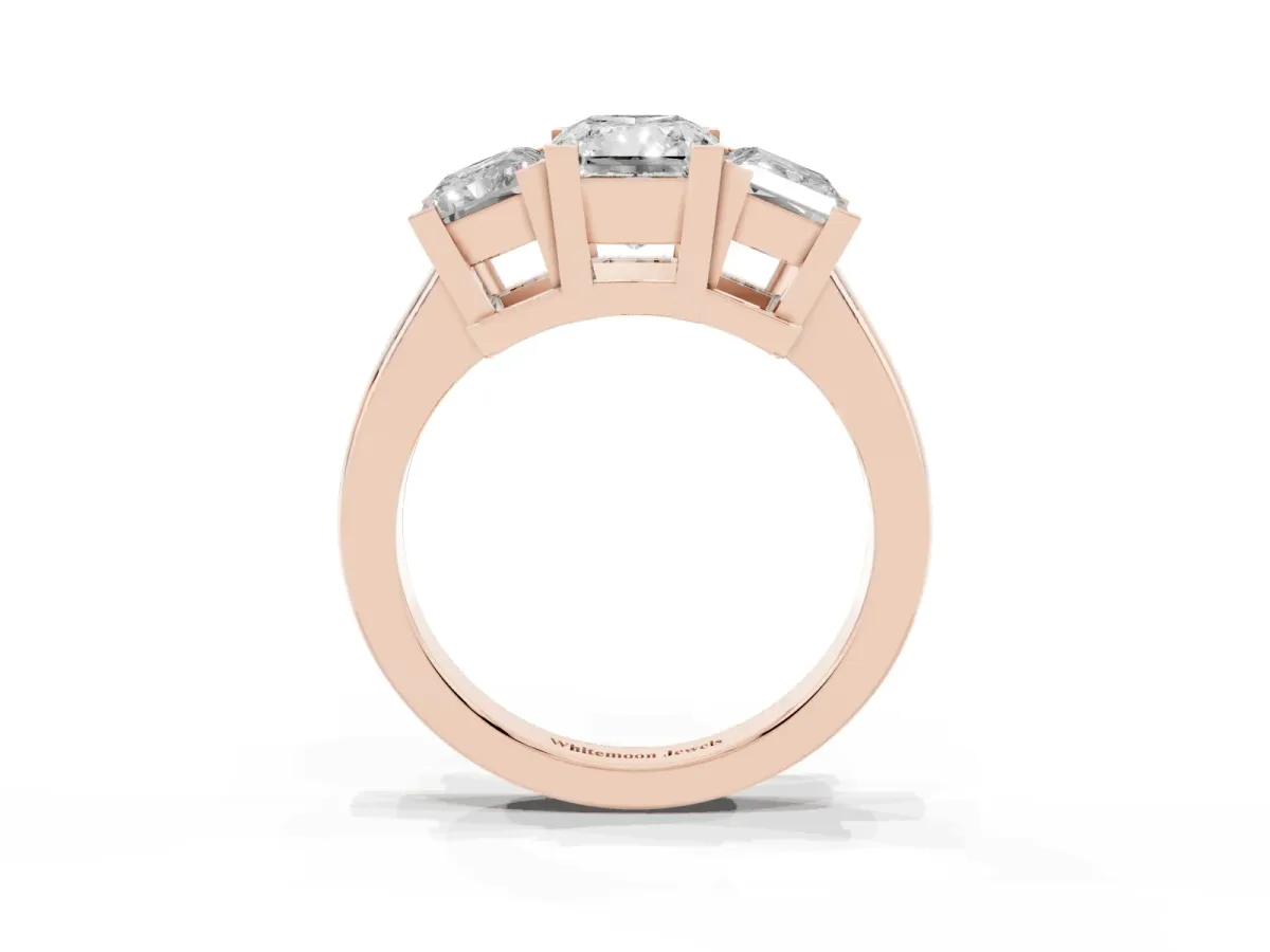Three-Stone Radiant Cut Cut Diamond Ring with Channel Set Band and Four-Prong Setting Rose gold