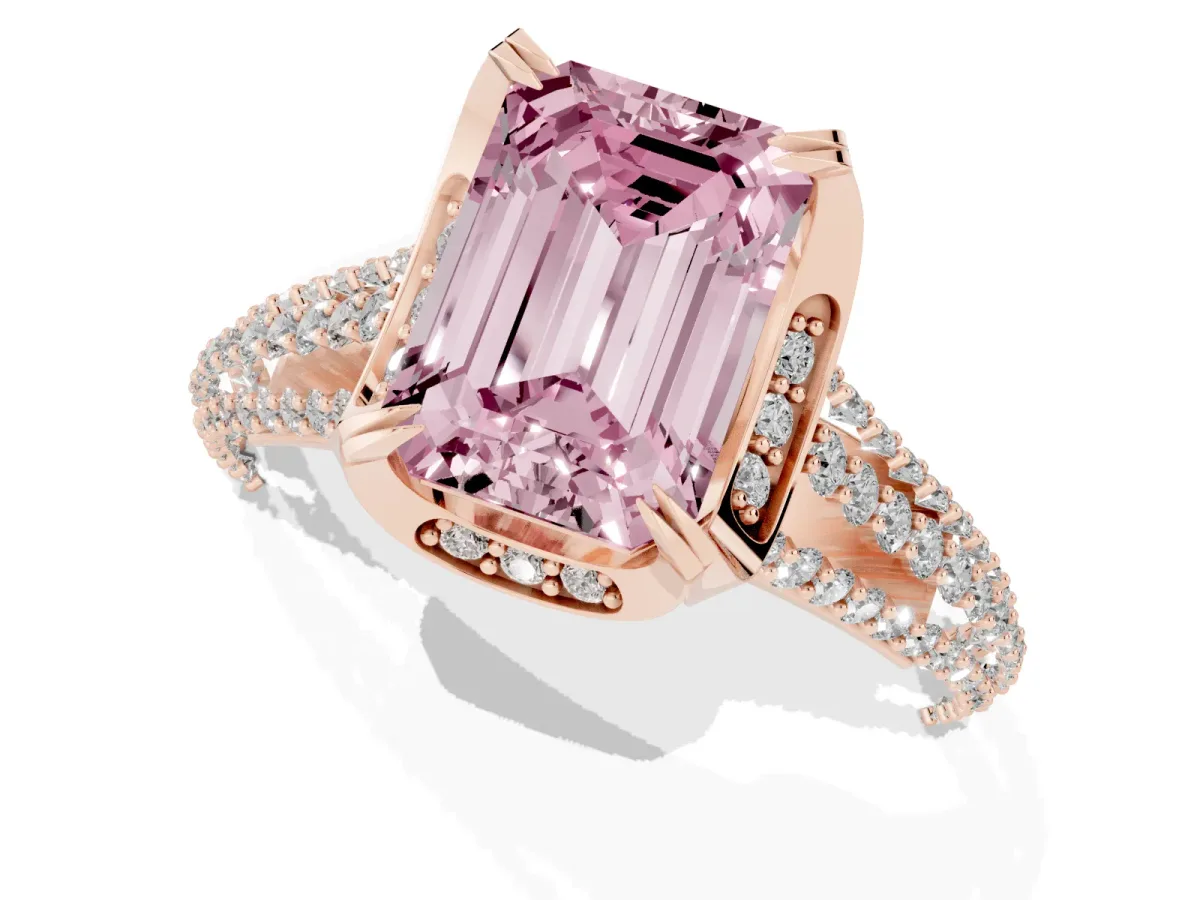 Fancy Pink Emerald Cut Solitaire Pave Split Shank Ring with Four-Prong Setting Rose gold