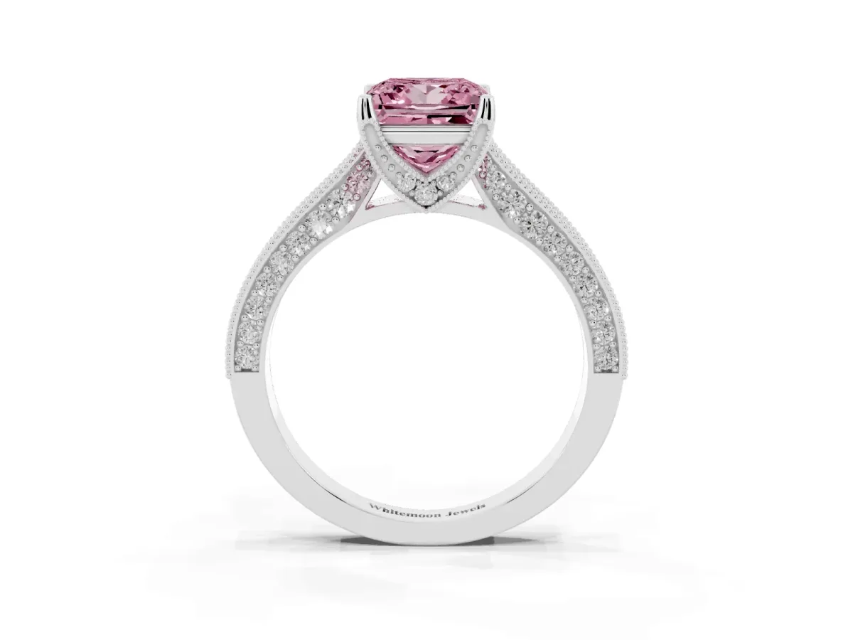 Fancy Pink Princess Cut Cut Diamond Solitaire Ring with Milgrain Pave Band and Four Prong Setting Silver