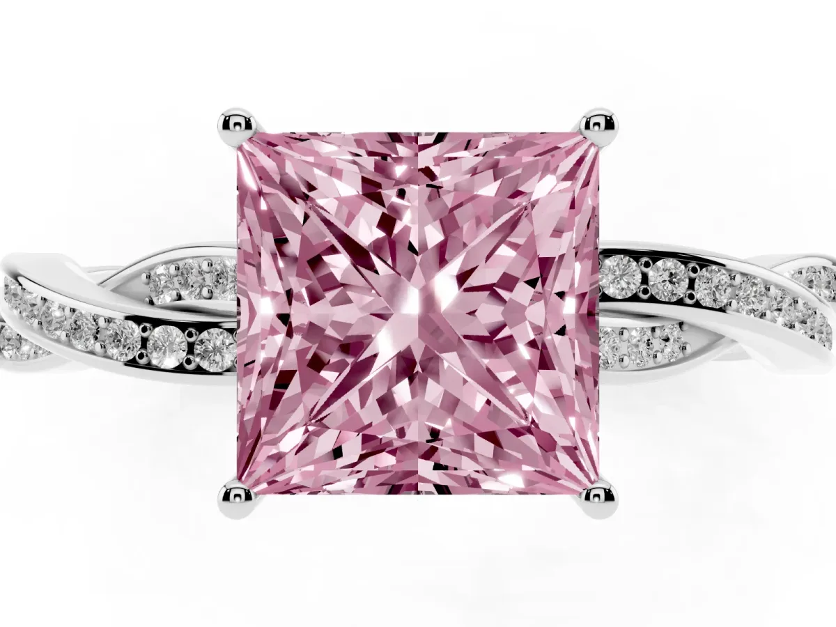 Fancy Pink Princess Cut Solitaire Twisted Pave Diamond Ring with Four-Prong Setting Silver