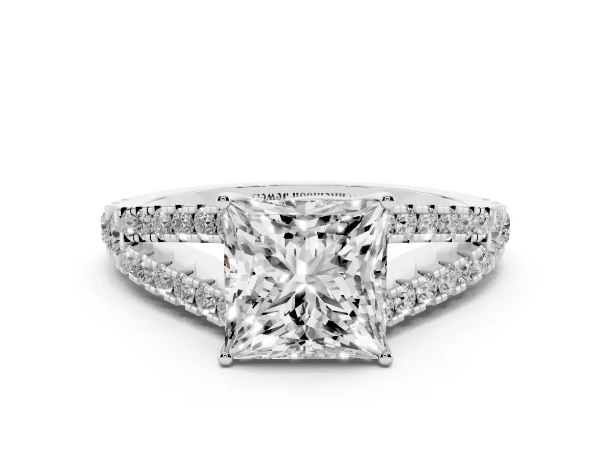 Princess Cut Diamond Split Shank Engagement Ring with Round Pavé and Prong Setting Platinum