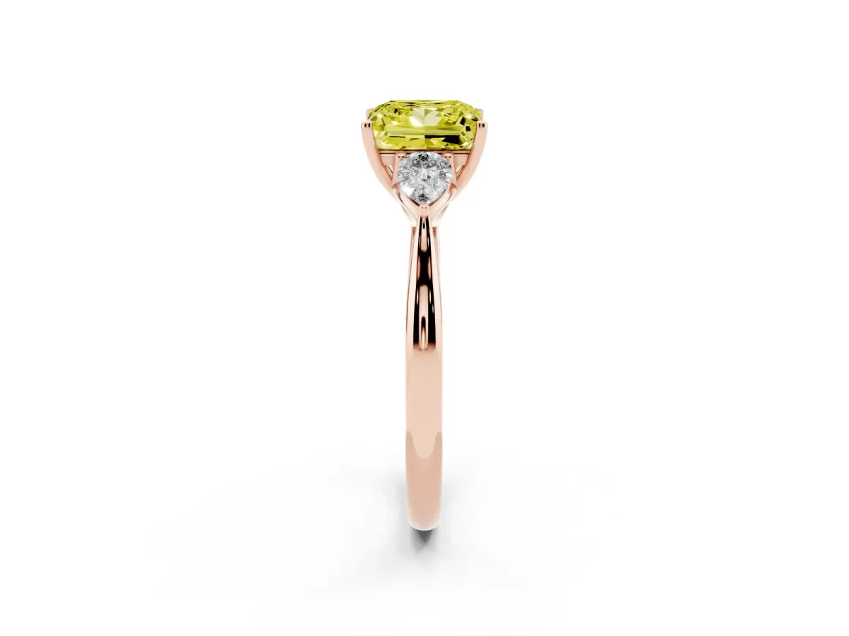 Fancy Yellow Three-Stone Princess Cut Brilliant Diamond Solitaire Ring with Tapered Band and Four-Prong Setting Rose gold