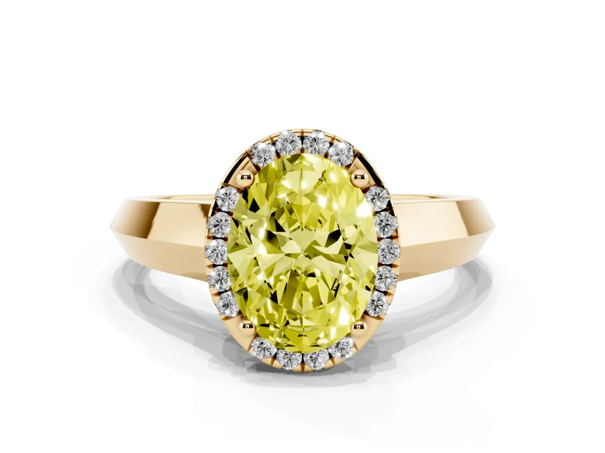 Fancy Yellow Oval Cut Halo Diamond Ring with Cathedral Band and Four-Prong Setting Yellow gold