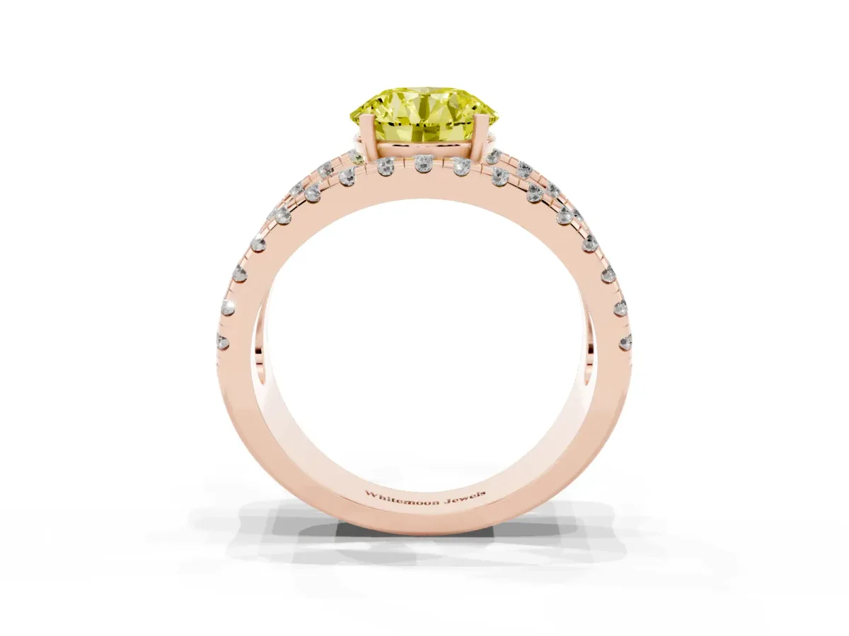 Fancy Yellow Round Cut Solitaire Split Shank Pave Diamond Ring Rose gold
