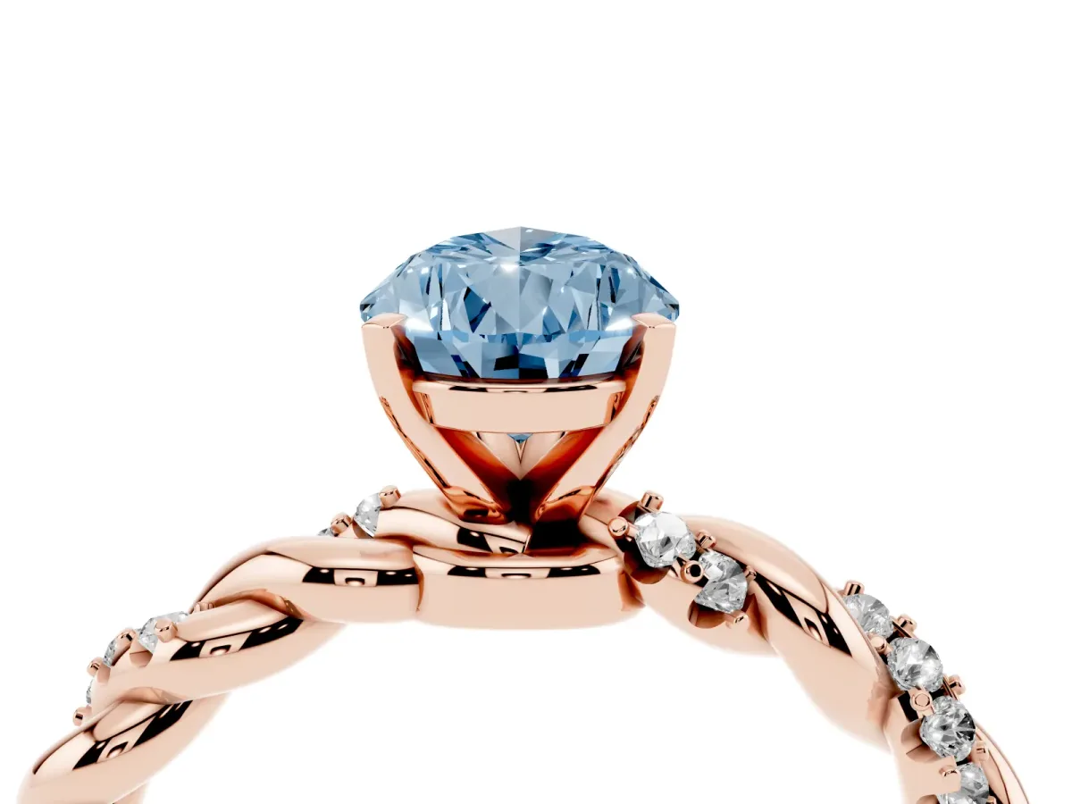 Fancy Blue Pear Cut Diamond Solitaire Ring with Twisted Band and Pavé Accents Rose gold
