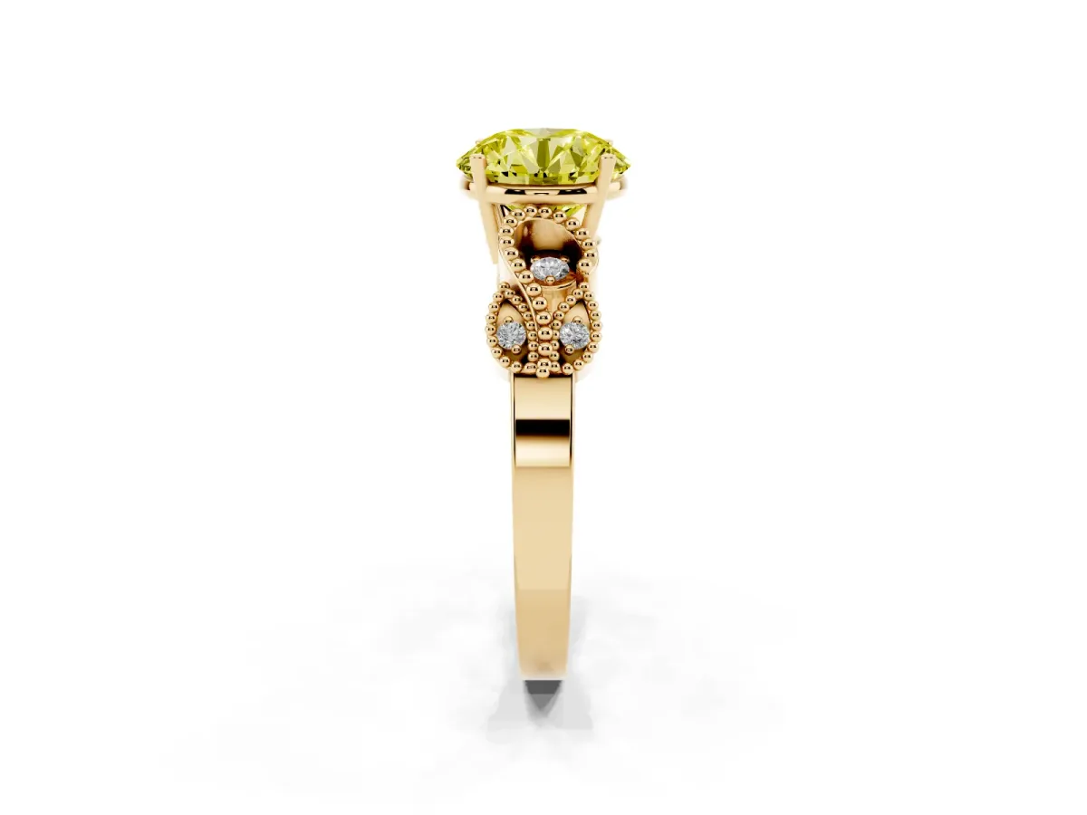 Fancy Yellow Round Cut Solitaire Milgrain Leaf Band with Prong Setting Yellow gold