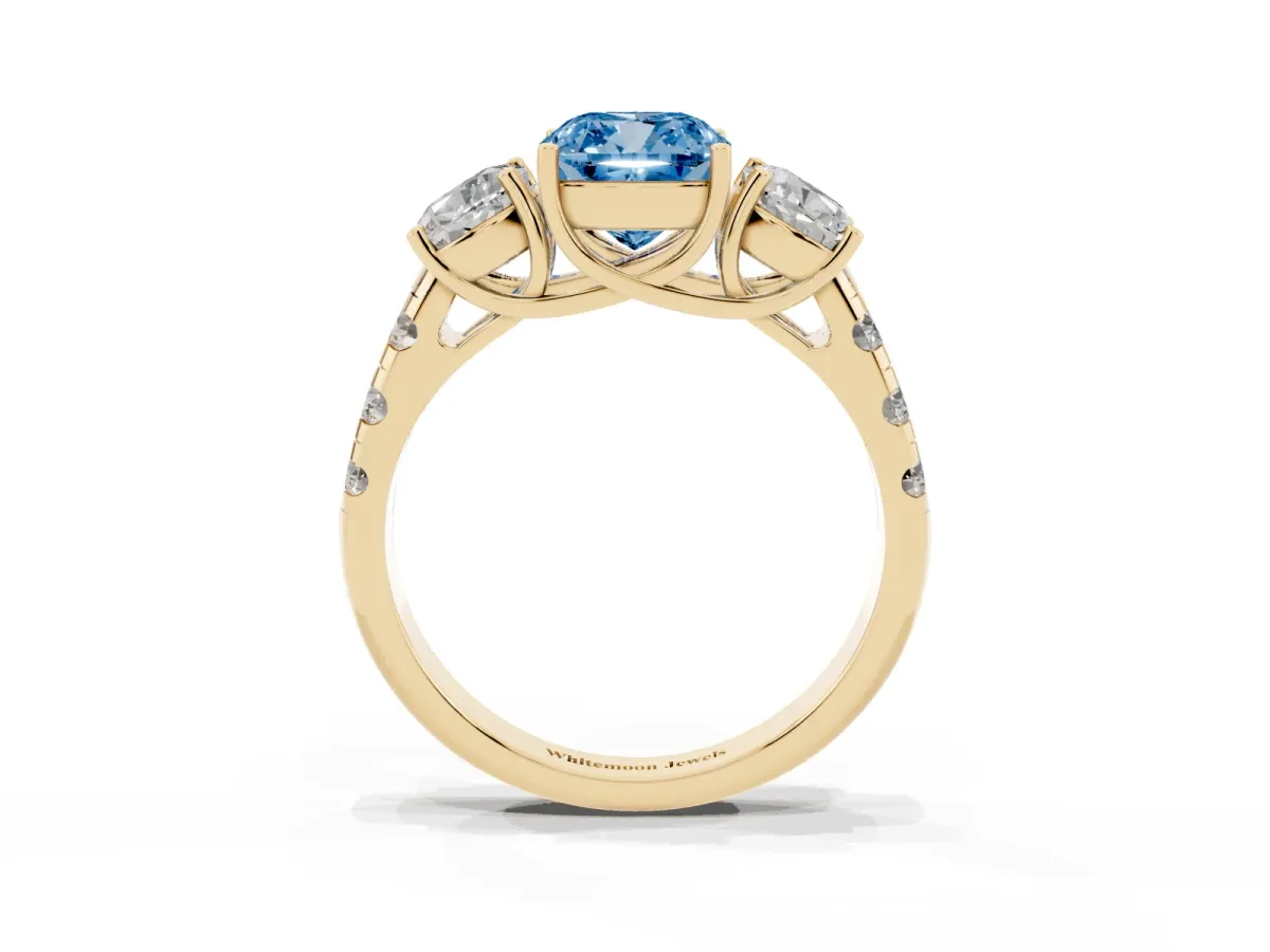 Fancy Blue Three-Stone Cushion Cut Diamond Pavé Band with Prong Setting Yellow gold