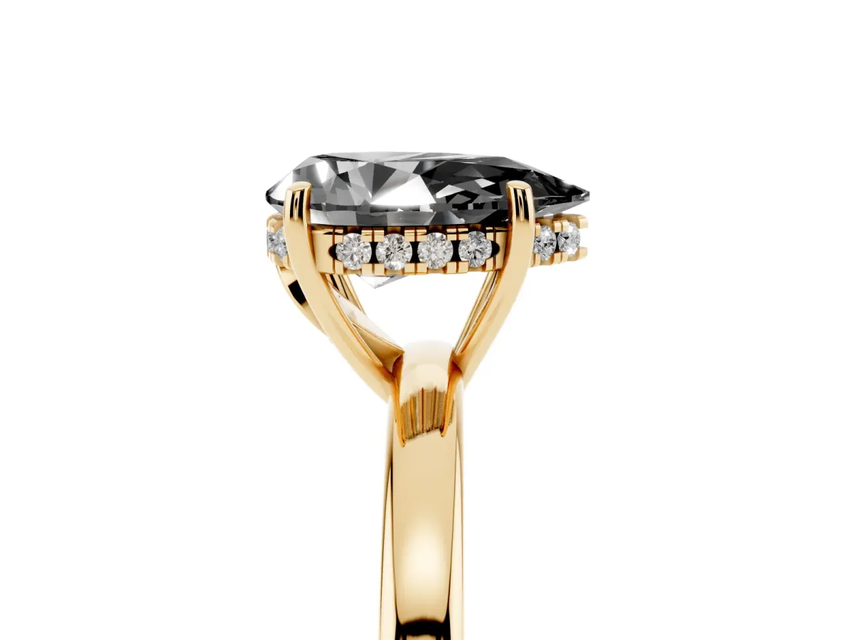 Fancy Black Pear Cut Solitaire Diamond Ring with Prong Setting and Plain Band Yellow gold