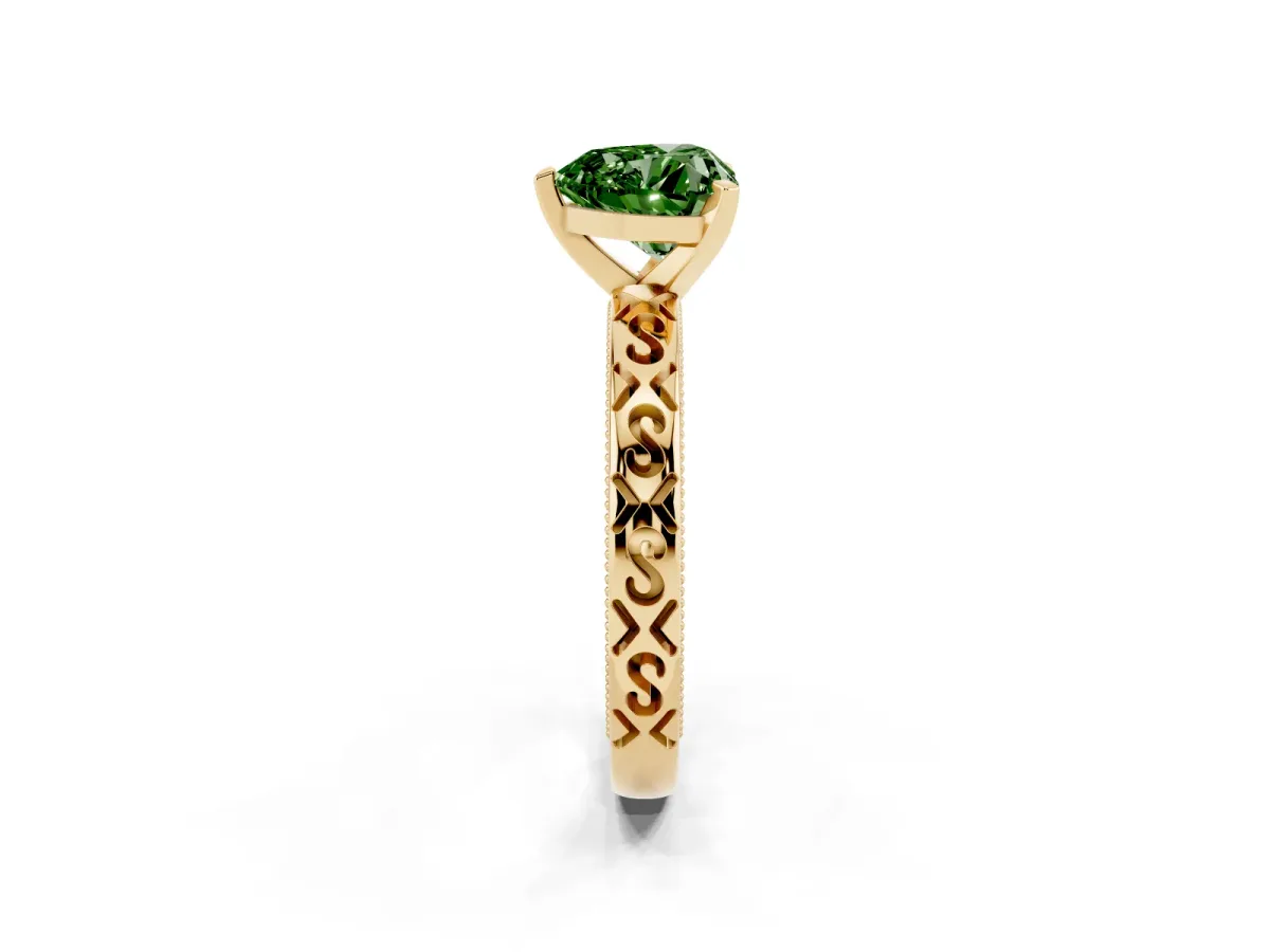 Fancy Green Heart Cut Solitaire Engagement Ring with Scrollwork Band and Four-Prong Setting Yellow gold