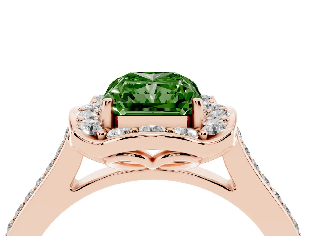 Fancy Green Radiant Cut Halo Round Diamond Pave Band with Four-Prong Setting Rose gold