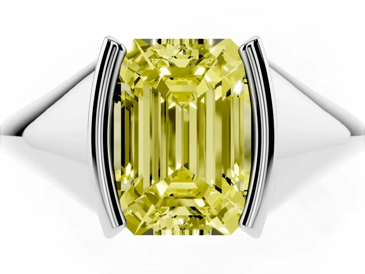 Fancy Yellow Emerald Cut Solitaire Tension Set Diamond Ring Silver