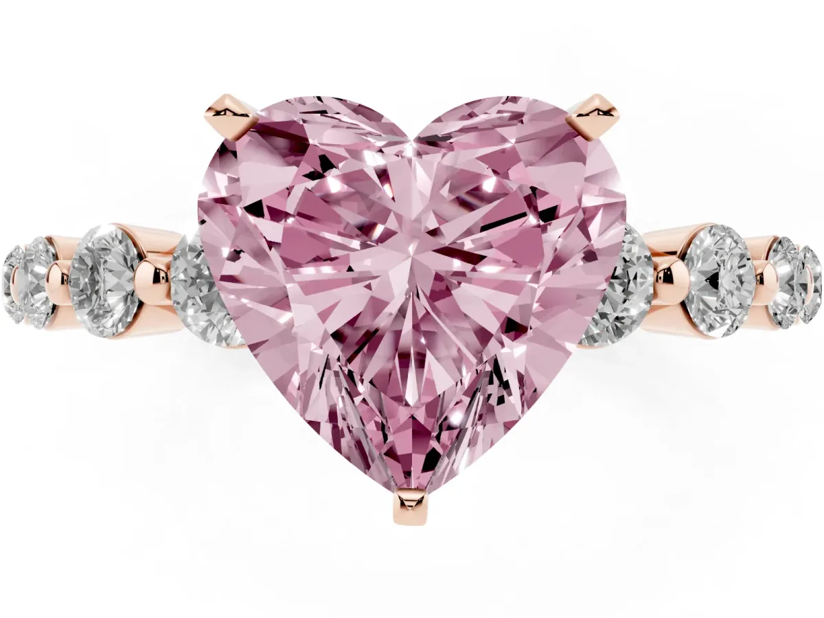Fancy Pink Heart Cut Solitaire Diamond Ring with Pave Band and Four-Prong Setting Rose gold