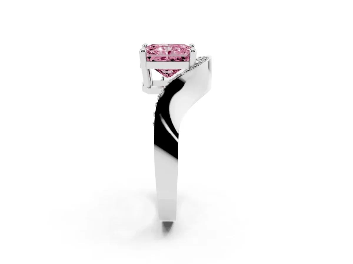 Fancy Pink Radiant Cut Solitaire Diamond Engagement Ring with Pave Band and Four-Prong Setting Silver