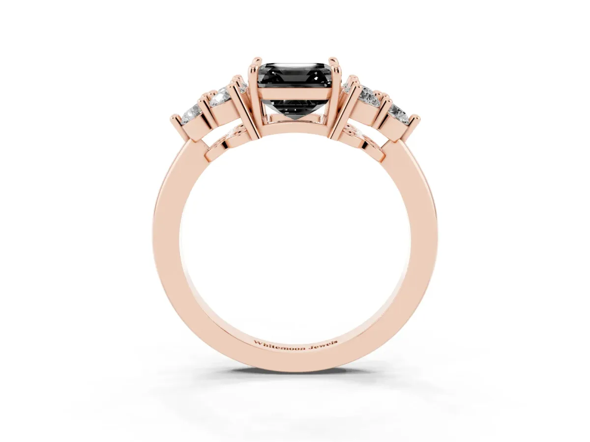 Fancy Black Asscher Cut Brilliant Diamond Cluster Accent Solitaire Ring with Prong Setting Rose gold
