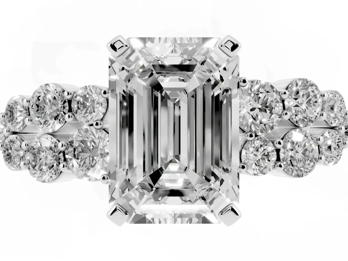 Emerald Cut Cluster Diamond Engagement Ring with Pavé Band and Four-Prong Setting Silver