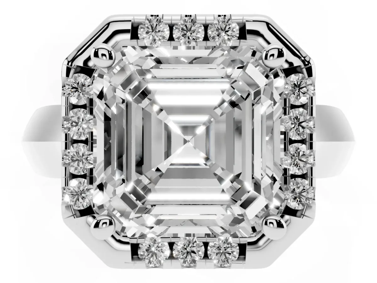 Asscher Cut Cut Halo Solitaire Engagement Ring with Square Band and Four-Prong Setting White gold