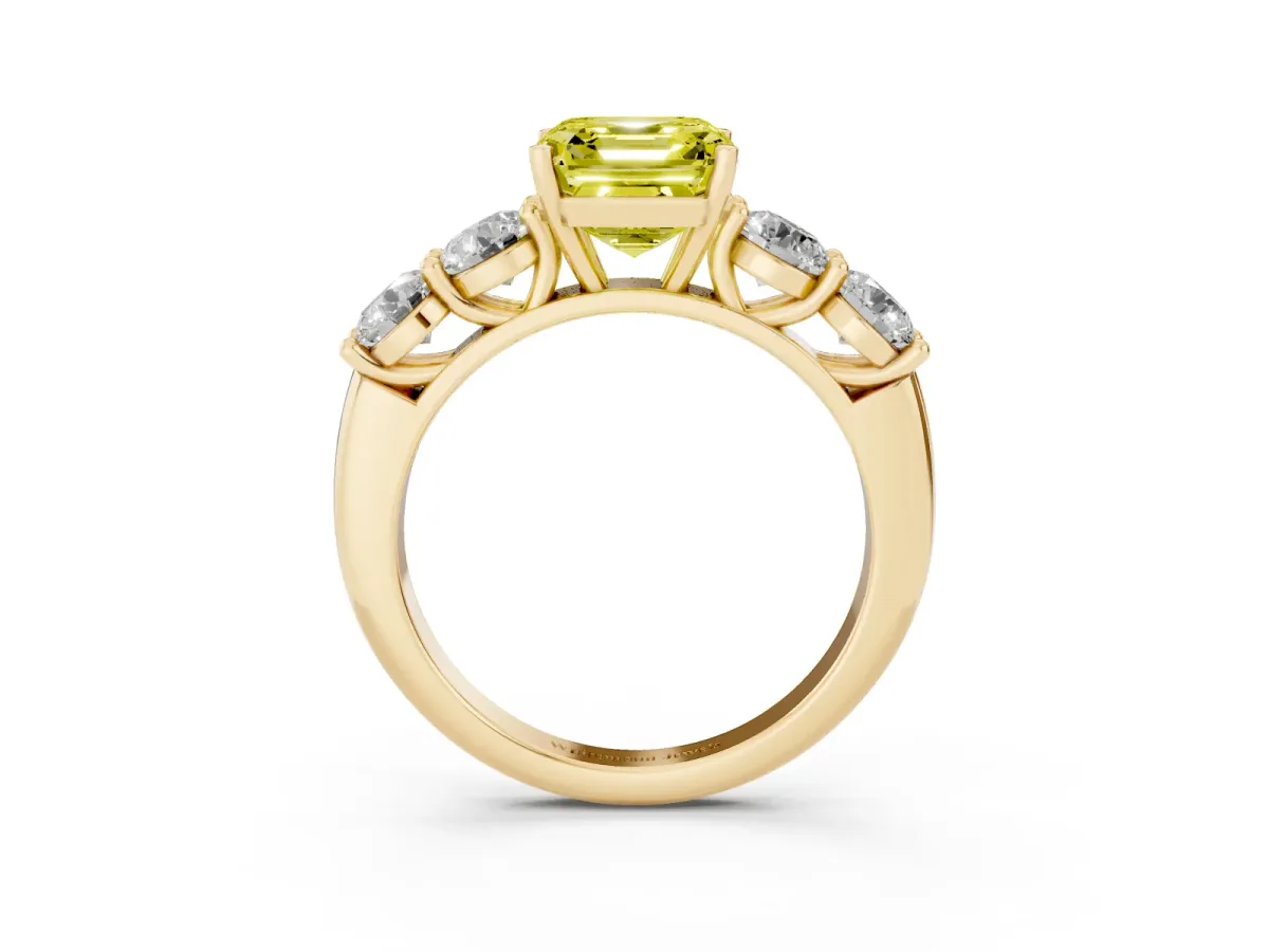 Fancy Yellow Asscher Cut Cut Five-Stone Prong Set Diamond Ring with Classic Band Yellow gold