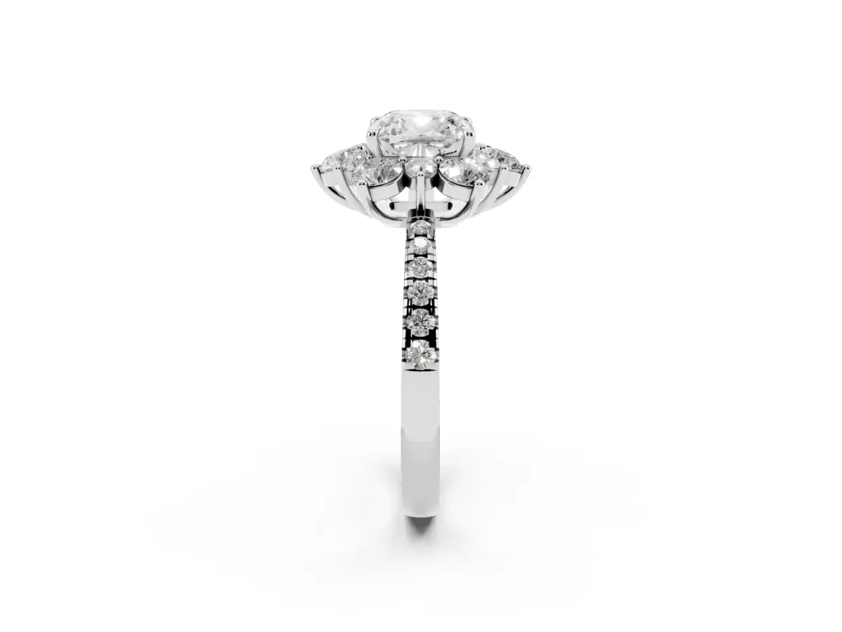 Cushion Cut Diamond Floral Halo Ring with Round Pavé Band and Prong Setting White gold
