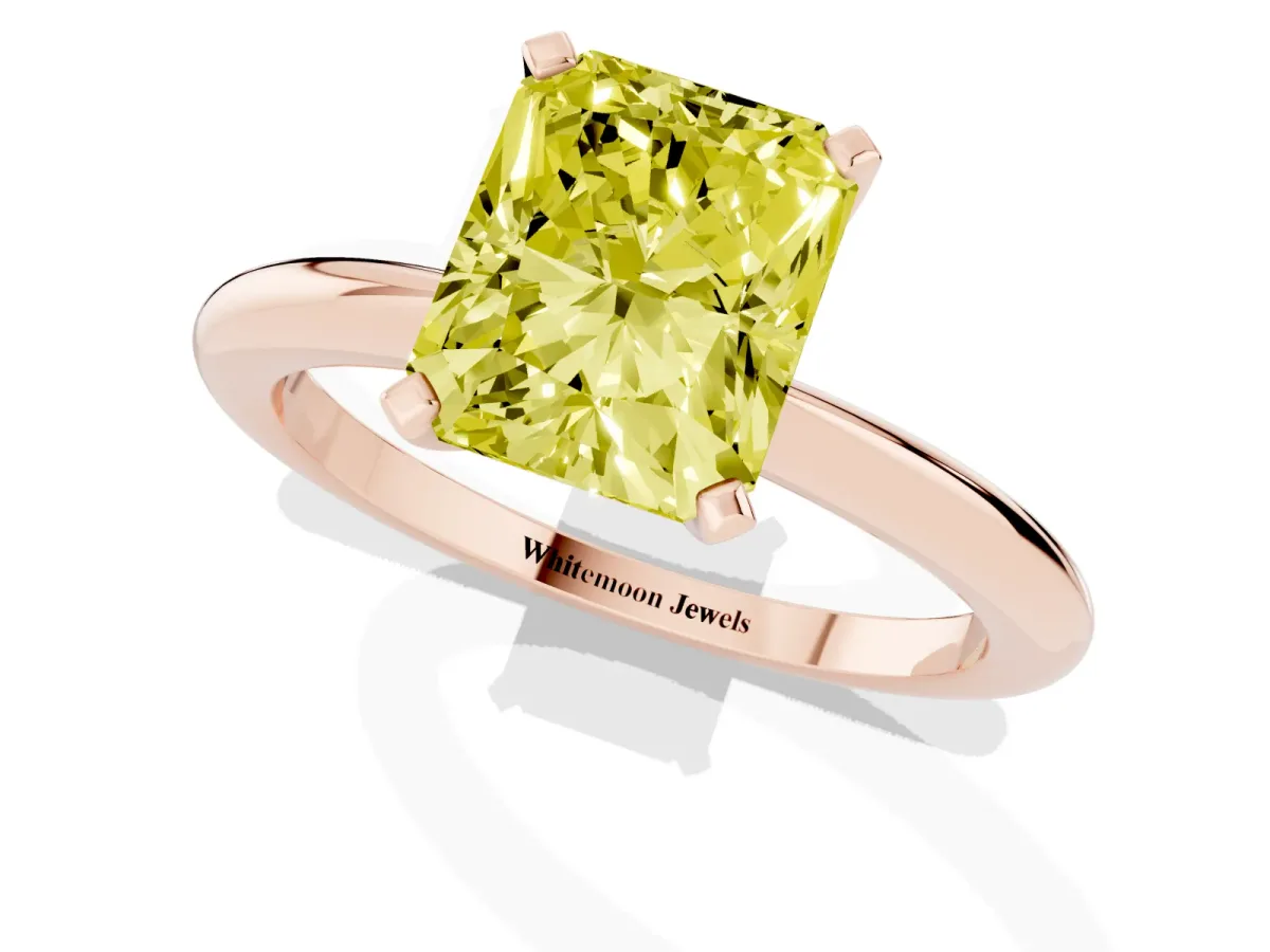 Fancy Yellow Radiant Cut Diamond Solitaire Ring with Prong Setting and Classic Band Rose gold