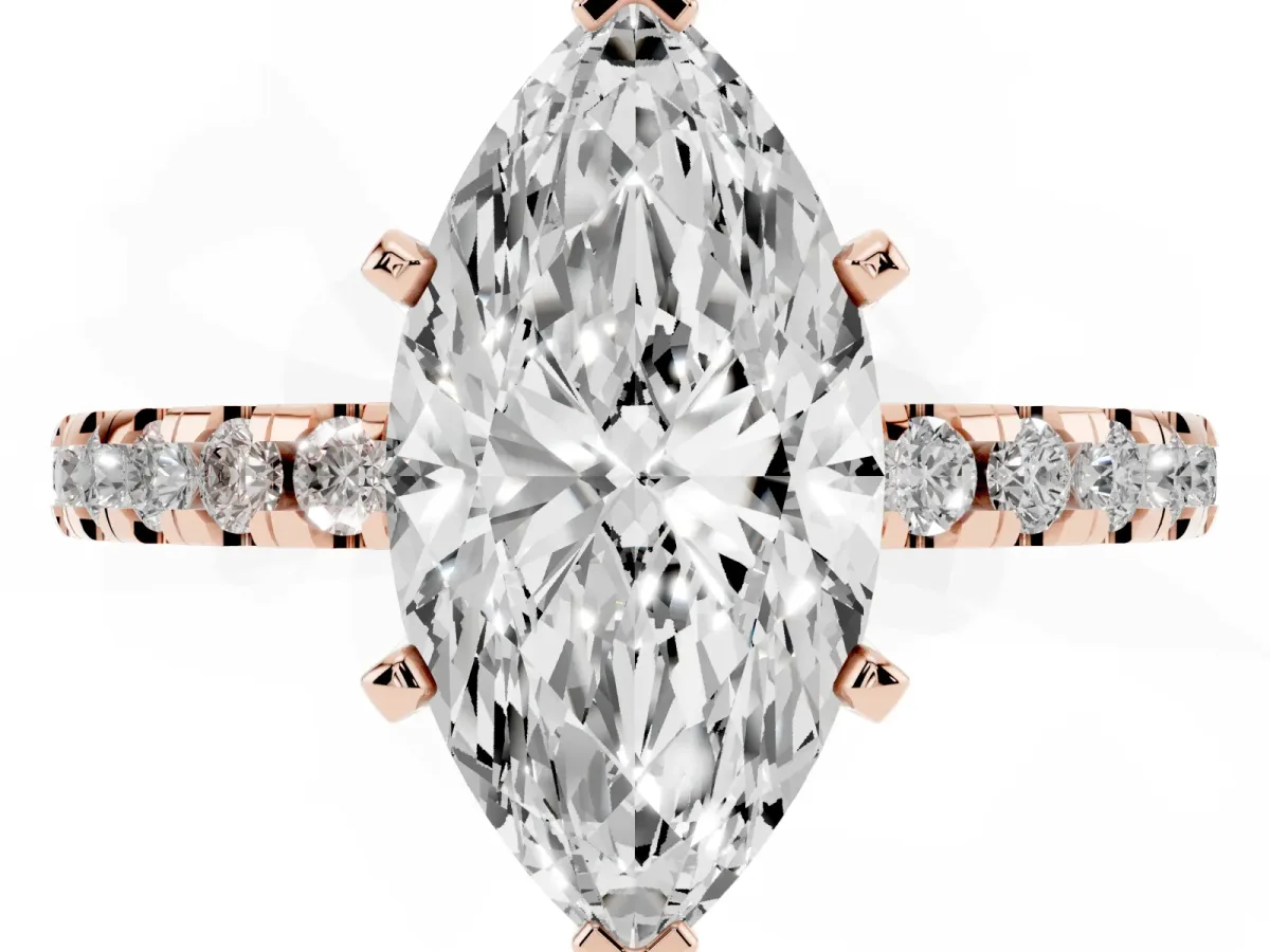 Marquise Cut Diamond Solitaire Ring with Round Pavé Band and Four-Prong Setting Rose gold