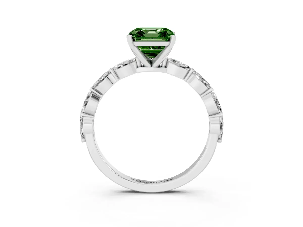 Fancy Green Asscher Cut Diamond Ring with Marquise Side Stones and Prong Setting Silver