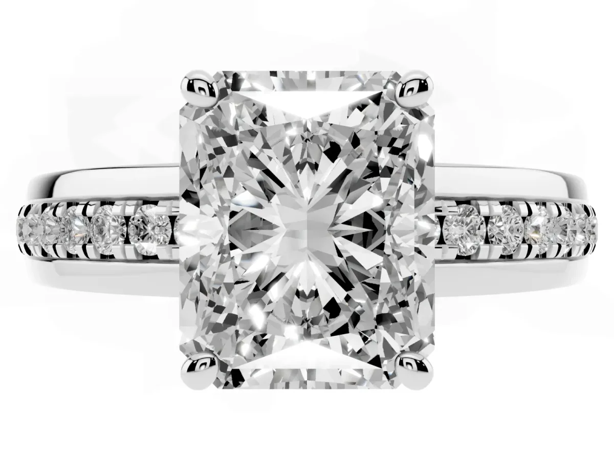 Radiant Cut Solitaire Diamond Ring with Channel Set Band and Six-Prong Setting Silver