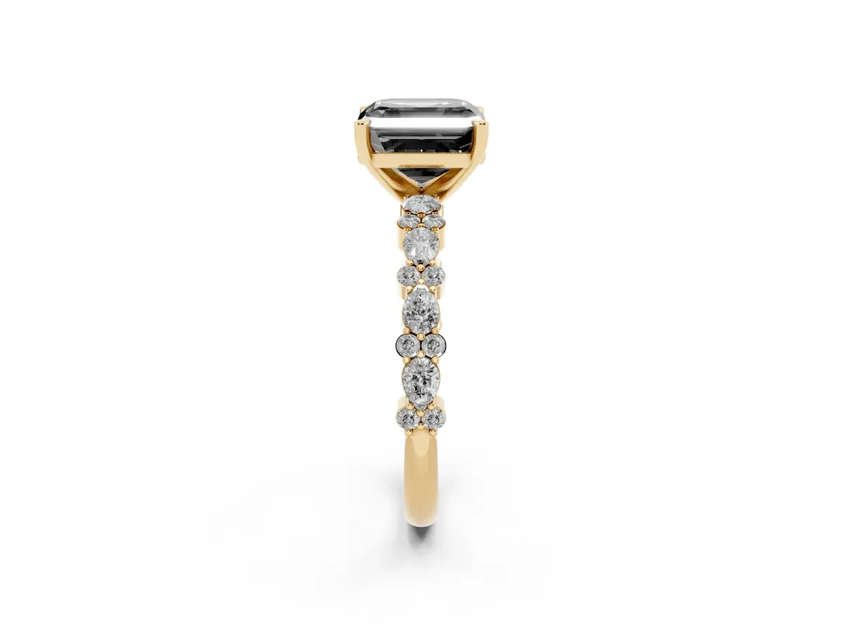 Fancy Black Asscher Cut Diamond Side Stone Solitaire Ring with Round and Four-Prong Setting Yellow gold