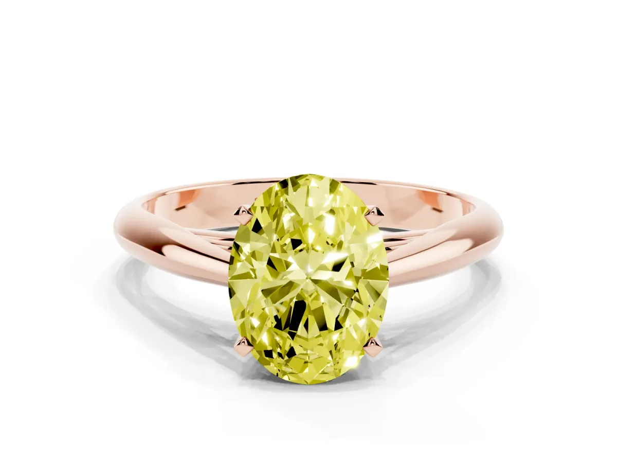 Fancy Yellow Oval Cut Diamond Solitaire Engagement Ring with Cathedral Setting and Four-Prong Mount Rose gold