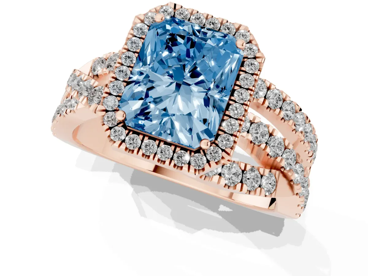 Fancy Blue Radiant Cut Diamond Halo Ring with Round Split Shank and Prong Setting Rose gold