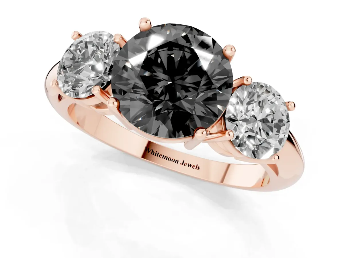 Fancy Black Three-Stone Round Cut Cut Diamond Engagement Ring with Prong Setting on a White Gold Band Rose gold