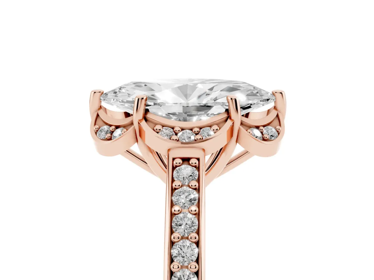 Marquise Cut Cut Halo Diamond Ring with Channel Set Band and Four-Prong Setting Rose gold
