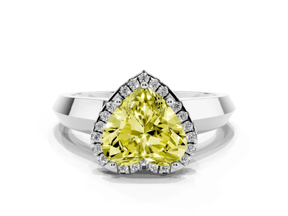 Fancy Yellow Heart Cut Halo Diamond Ring with Cathedral Band and Four-Prong Setting Silver