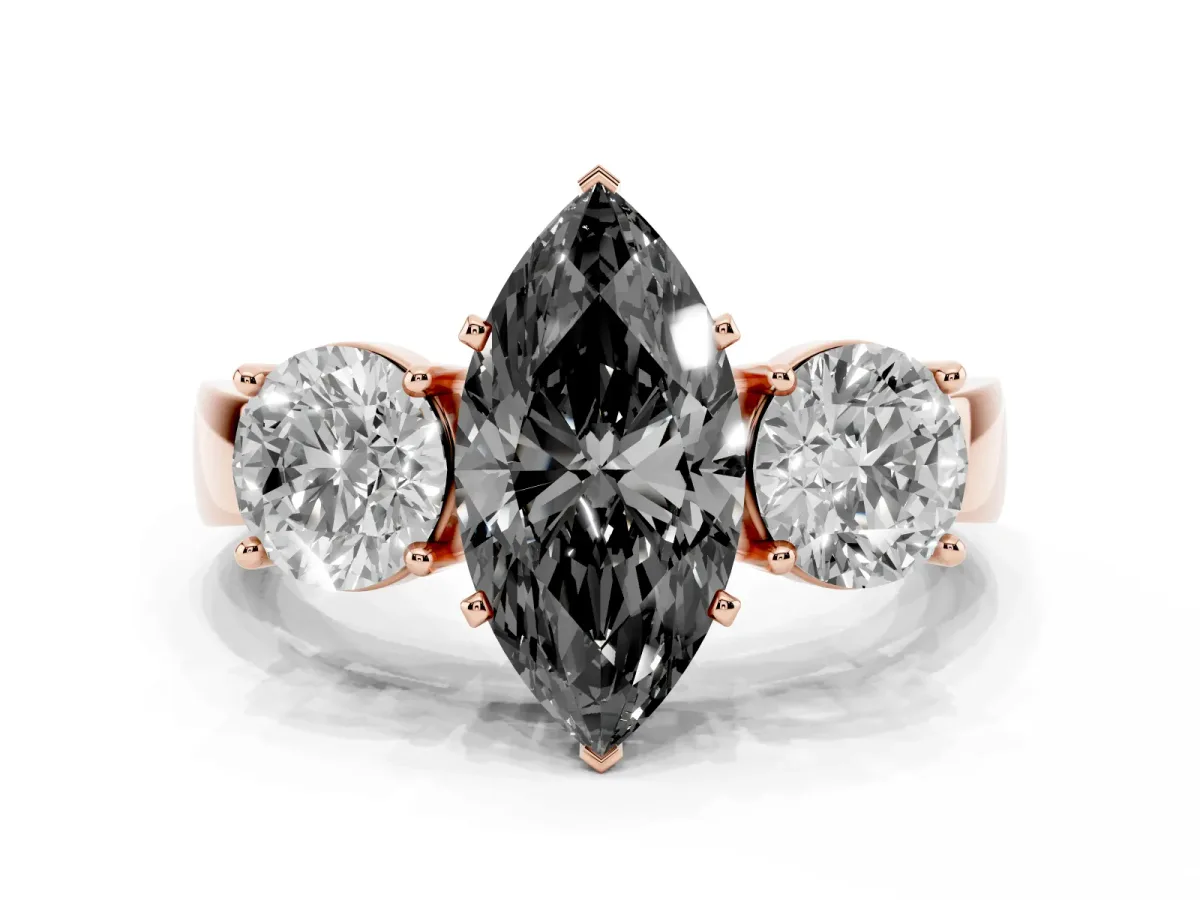 Fancy Black Three-Stone Marquise Cut Diamond Ring with Round Side Stones, Classic Band, and Four-Prong Setting Rose gold
