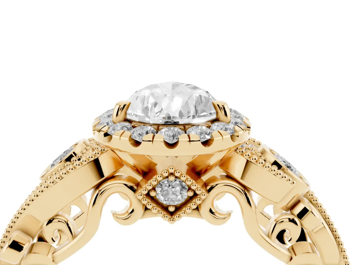 Pear Cut Diamond Halo Ring with Milgrain Pavé Band and Four-Prong Setting Yellow gold