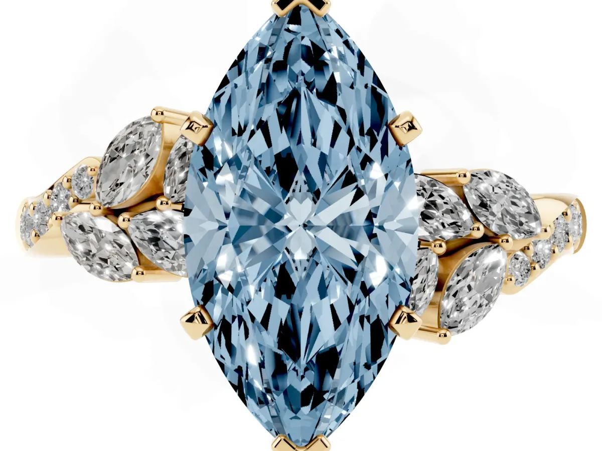 Fancy Blue Marquise Cut Solitaire Marquise Twist Band with Six-Prong Setting Yellow gold