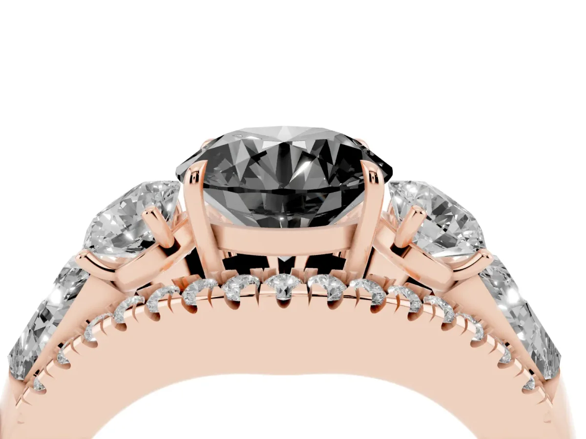 Fancy Black Three-Stone Round Cut Diamond Engagement Ring with Pave Band and Prong Setting Rose gold