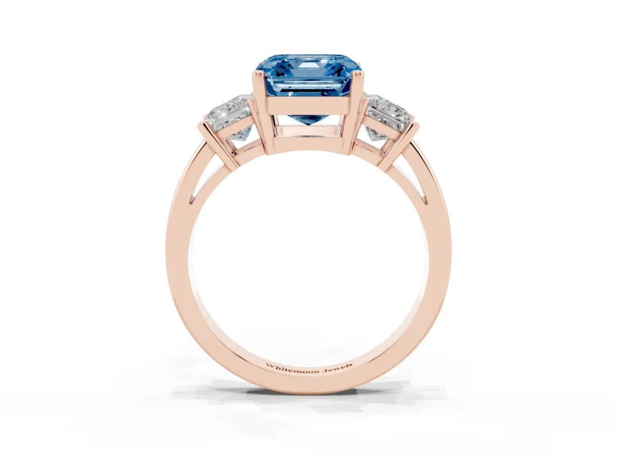Fancy Blue Three-Stone Asscher Cut Cut Solitaire Ring with Prong Setting Rose gold