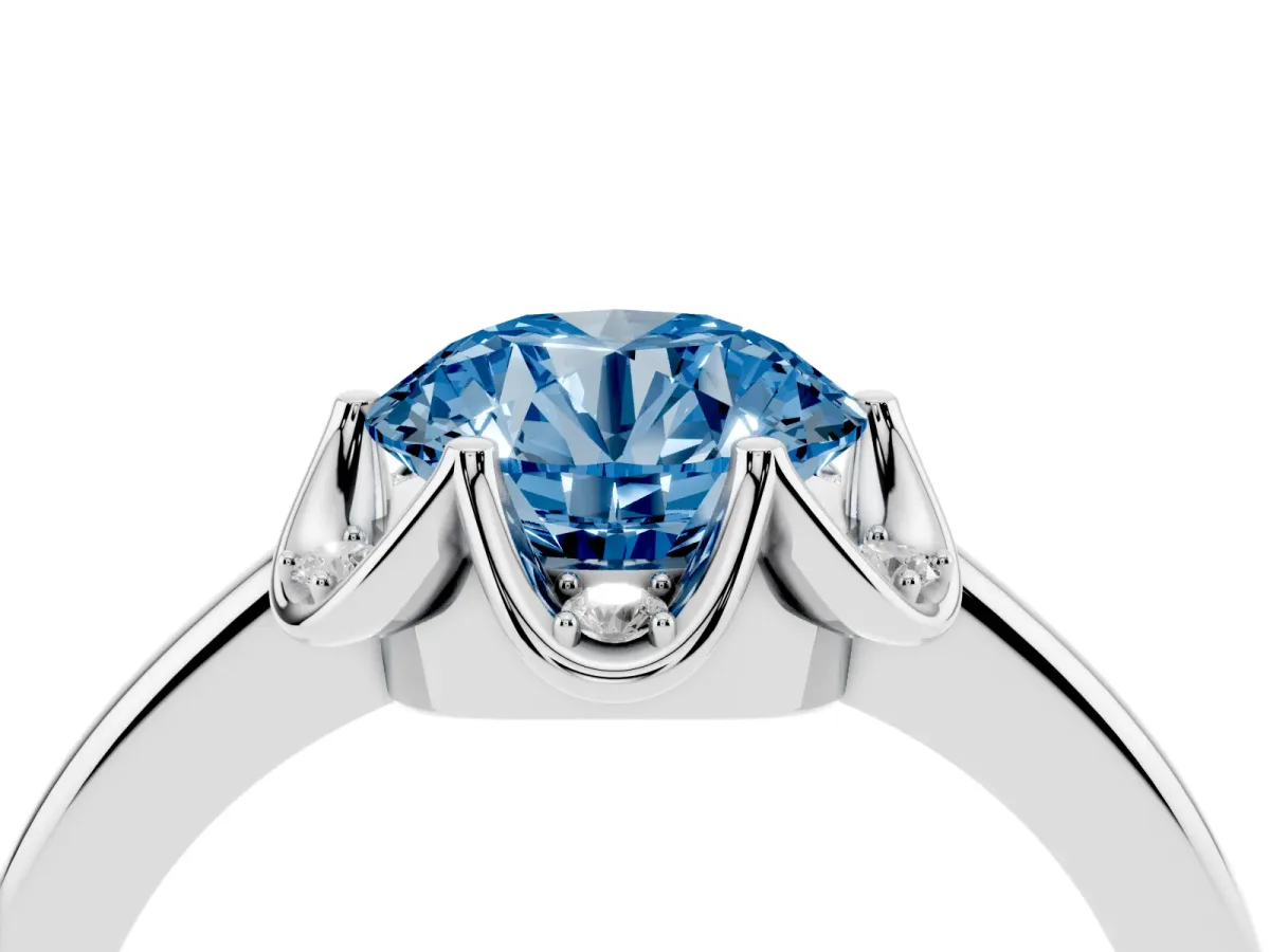 Fancy Blue Round Cut Halo Diamond Ring with Round Cluster Setting, Solitaire Band, and Four-Prong Setting Silver